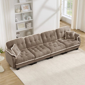 English Elm Chenille Cloud Sofa Quilted Tufted Cushions Pom-Pom Trim Four Seat Living Room Couch Brown W714S01920