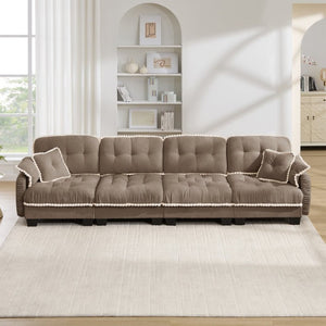English Elm Chenille Cloud Sofa Quilted Tufted Cushions Pom-Pom Trim Four Seat Living Room Couch Brown W714S01920