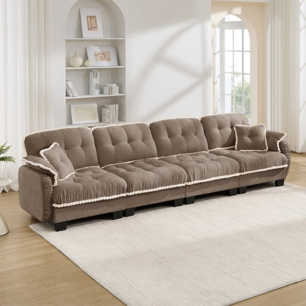 English Elm Chenille Cloud Sofa Quilted Tufted Cushions Pom-Pom Trim Four Seat Living Room Couch Brown W714S01920