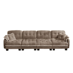 English Elm Chenille Cloud Sofa Quilted Tufted Cushions Pom-Pom Trim Four Seat Living Room Couch Brown W714S01920