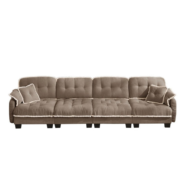 English Elm Chenille Cloud Sofa Quilted Tufted Cushions Pom-Pom Trim Four Seat Living Room Couch Brown W714S01920