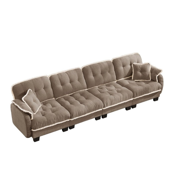 English Elm Chenille Cloud Sofa Quilted Tufted Cushions Pom-Pom Trim Four Seat Living Room Couch Brown W714S01920