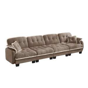 English Elm Chenille Cloud Sofa Quilted Tufted Cushions Pom-Pom Trim Four Seat Living Room Couch Brown W714S01920