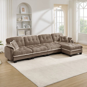 English Elm Chenille Cloud Sectional Sofa Quilted Tufted Cushions Pom-Pom Trim Movable Ottoman Brown W714S01921