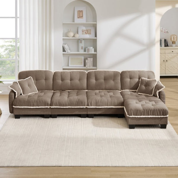 English Elm Chenille Cloud Sectional Sofa Quilted Tufted Cushions Pom-Pom Trim Movable Ottoman Brown W714S01921
