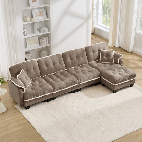 English Elm Chenille Cloud Sectional Sofa Quilted Tufted Cushions Pom-Pom Trim Movable Ottoman Brown W714S01921