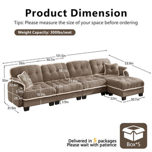 English Elm Chenille Cloud Sectional Sofa Quilted Tufted Cushions Pom-Pom Trim Movable Ottoman Brown W714S01921