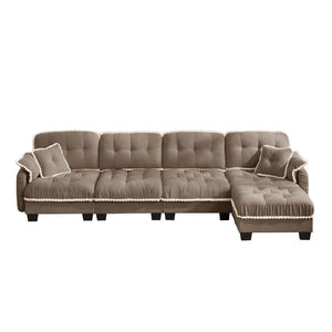 English Elm Chenille Cloud Sectional Sofa Quilted Tufted Cushions Pom-Pom Trim Movable Ottoman Brown W714S01921