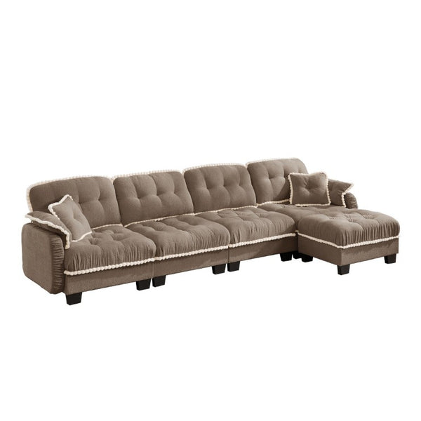 English Elm Chenille Cloud Sectional Sofa Quilted Tufted Cushions Pom-Pom Trim Movable Ottoman Brown W714S01921