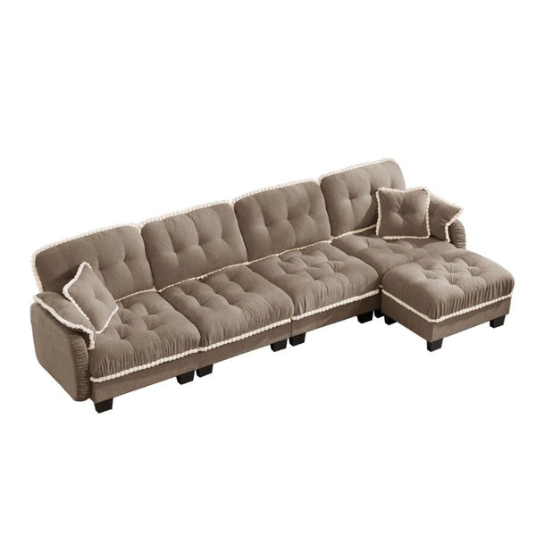 English Elm Chenille Cloud Sectional Sofa Quilted Tufted Cushions Pom-Pom Trim Movable Ottoman Brown W714S01921