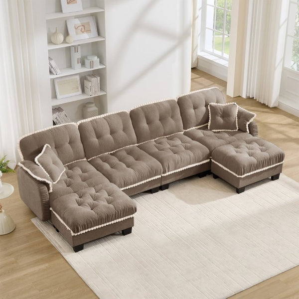 English Elm Chenille Cloud Sectional with Quilted Tufting Pom-Pom Accents and Versatile Ottoman Brown W714S01922