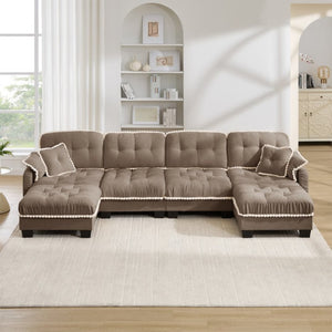English Elm Chenille Cloud Sectional with Quilted Tufting Pom-Pom Accents and Versatile Ottoman Brown W714S01922