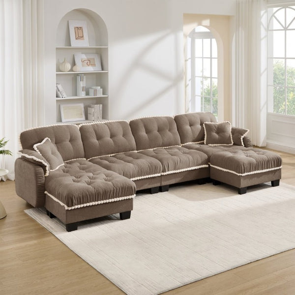 English Elm Chenille Cloud Sectional with Quilted Tufting Pom-Pom Accents and Versatile Ottoman Brown W714S01922