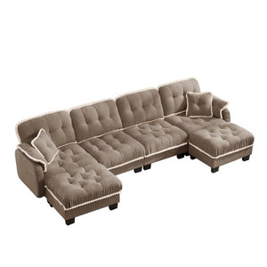 English Elm Chenille Cloud Sectional with Quilted Tufting Pom-Pom Accents and Versatile Ottoman Brown W714S01922
