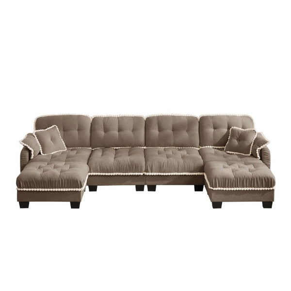 English Elm Chenille Cloud Sectional with Quilted Tufting Pom-Pom Accents and Versatile Ottoman Brown W714S01922
