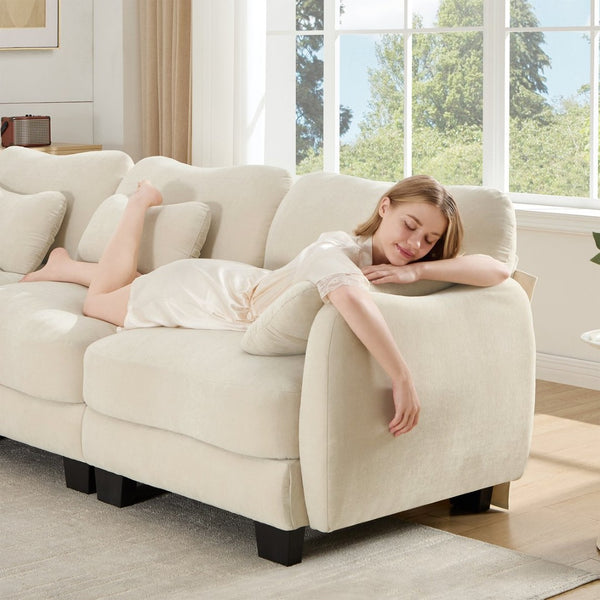 English Elm Chenille Upholstered Loveseat with Curved Silhouette Foam Cushions and Lumbar Pillow Support Beige W714S01923