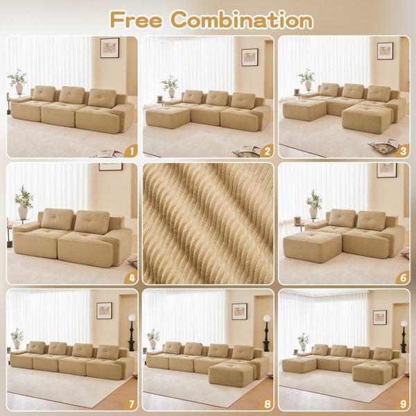 English Elm A Tufted Corduroy Modular Sofa Set with Pearl Piping for Living Rooms and Apartments Camel W714S01924