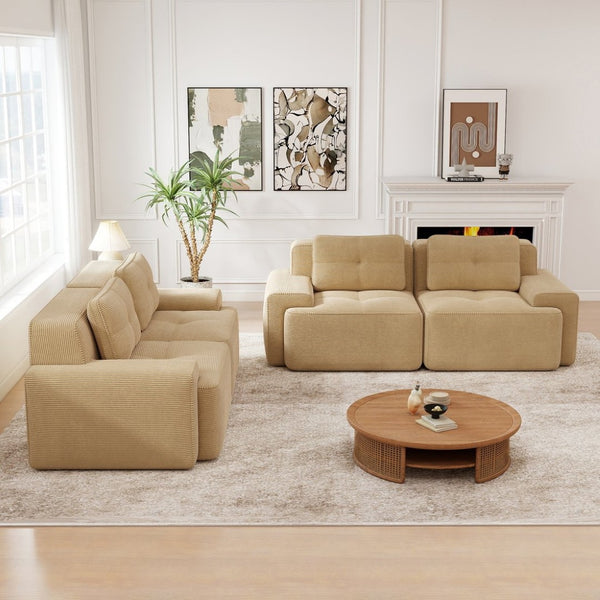 English Elm A Tufted Corduroy Modular Sofa Set with Pearl Piping for Living Rooms and Apartments Camel W714S01924