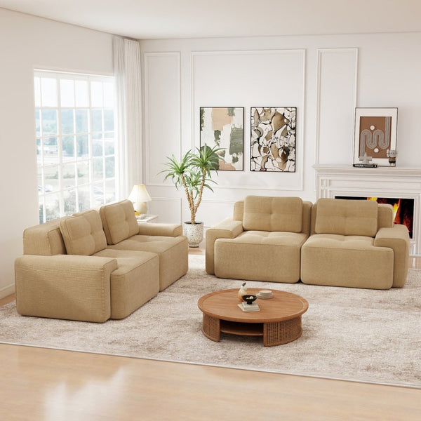 English Elm A Tufted Corduroy Modular Sofa Set with Pearl Piping for Living Rooms and Apartments Camel W714S01924