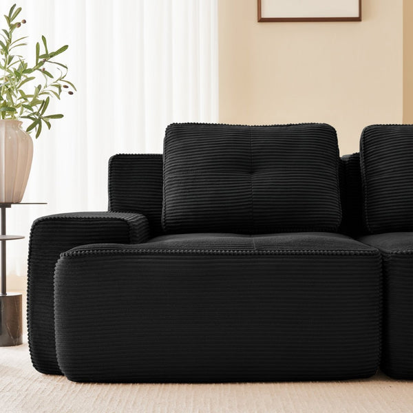 English Elm A Tufted Corduroy Modular Sofa Set with Pearl Piping for Living Rooms and Apartments Black W714S01925