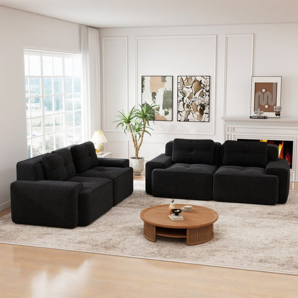 English Elm A Tufted Corduroy Modular Sofa Set with Pearl Piping for Living Rooms and Apartments Black W714S01925