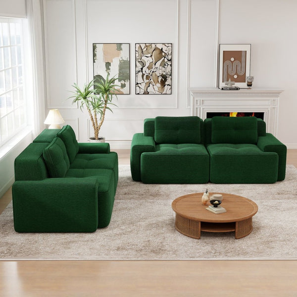 English Elm A Tufted Corduroy Modular Sofa Set with Pearl Piping for Living Rooms and Apartments Green W714S01926