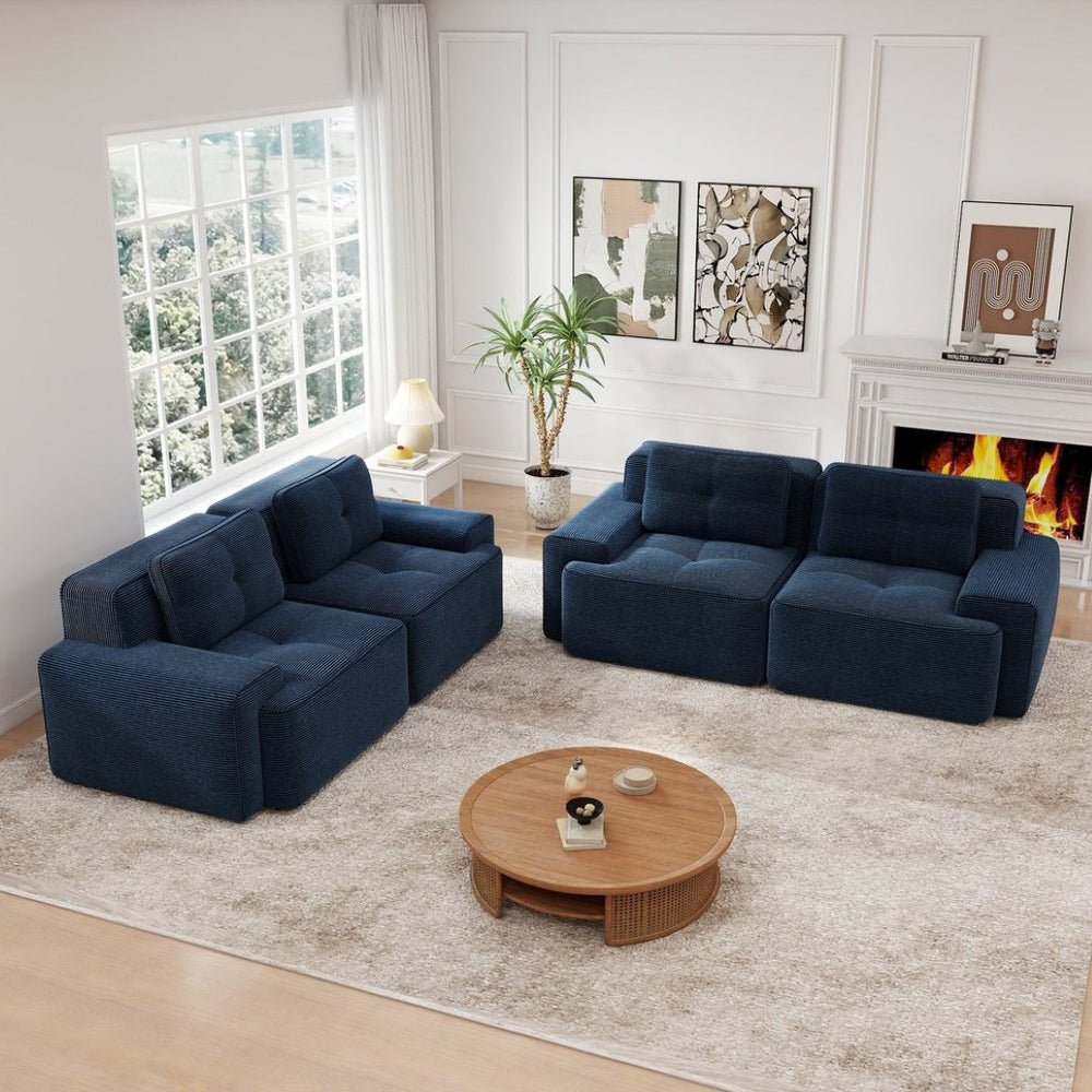 English Elm A Tufted Corduroy Modular Sofa Set with Pearl Piping for Living Rooms and Apartments Blue W714S01927