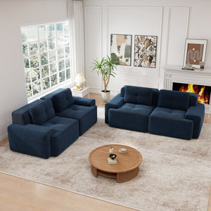 English Elm A Tufted Corduroy Modular Sofa Set with Pearl Piping for Living Rooms and Apartments Blue W714S01927