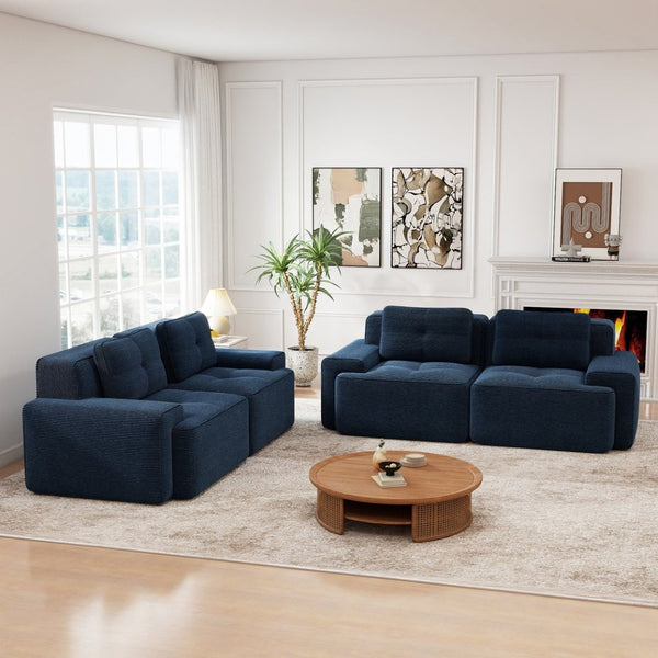 English Elm A Tufted Corduroy Modular Sofa Set with Pearl Piping for Living Rooms and Apartments Blue W714S01927