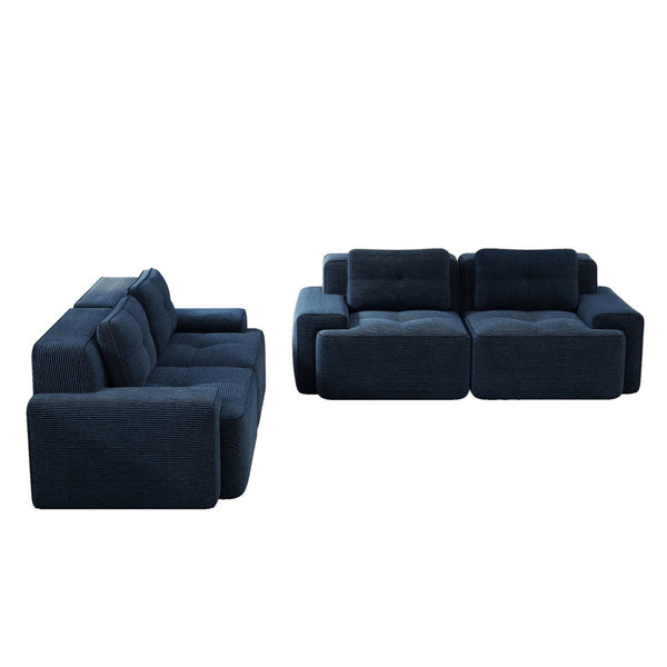 English Elm A Tufted Corduroy Modular Sofa Set with Pearl Piping for Living Rooms and Apartments Blue W714S01927