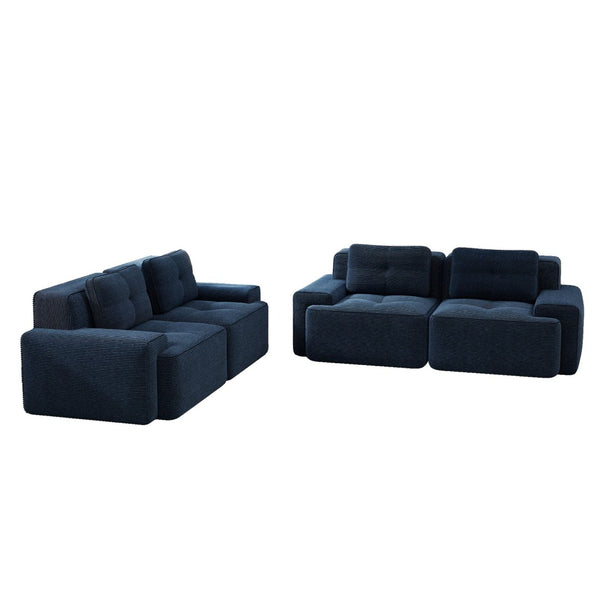 English Elm A Tufted Corduroy Modular Sofa Set with Pearl Piping for Living Rooms and Apartments Blue W714S01927