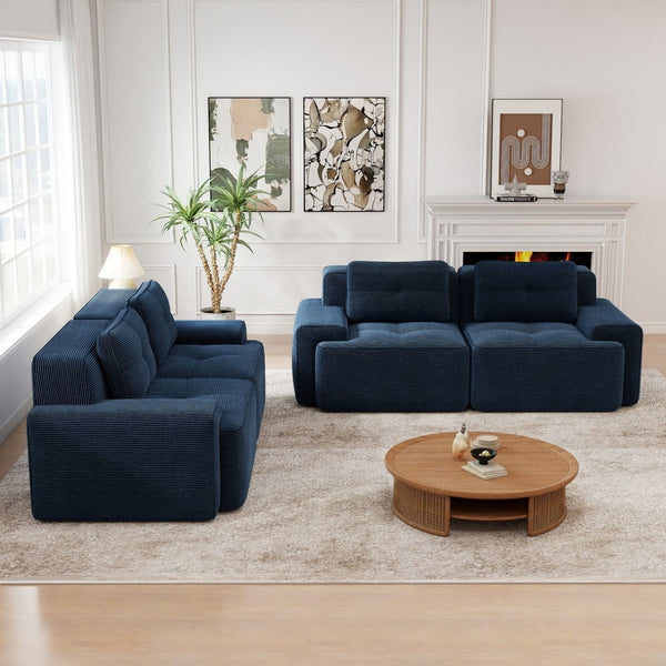 English Elm A Tufted Corduroy Modular Sofa Set with Pearl Piping for Living Rooms and Apartments Blue W714S01927