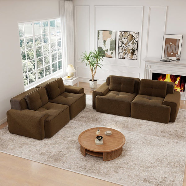 English Elm A Tufted Corduroy Modular Sofa Set with Pearl Piping for Living Rooms and Apartments Brown W714S01928