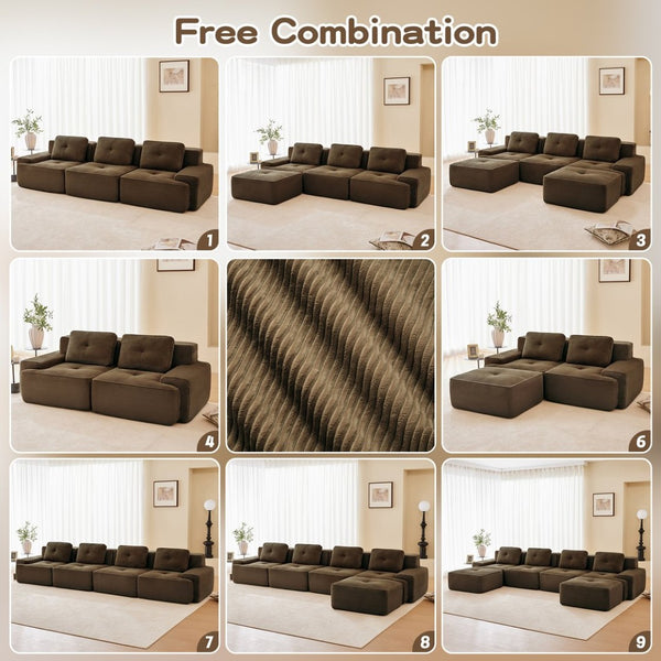 English Elm A Tufted Corduroy Modular Sofa Set with Pearl Piping for Living Rooms and Apartments Brown W714S01928