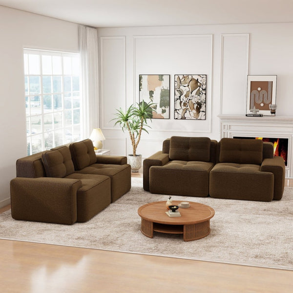 English Elm A Tufted Corduroy Modular Sofa Set with Pearl Piping for Living Rooms and Apartments Brown W714S01928