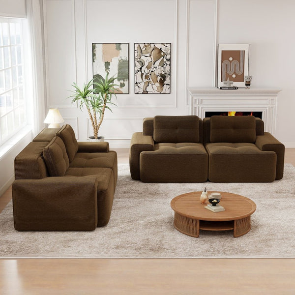 English Elm A Tufted Corduroy Modular Sofa Set with Pearl Piping for Living Rooms and Apartments Brown W714S01928