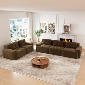 English Elm A Tufted Corduroy Modular Sectional Sofa with Deep Seating and Tailored Piping Trim Brown W714S01929
