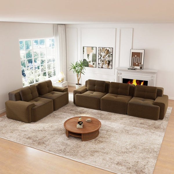 English Elm A Tufted Corduroy Modular Sectional Sofa with Deep Seating and Tailored Piping Trim Brown W714S01929