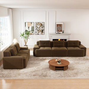 English Elm A Tufted Corduroy Modular Sectional Sofa with Deep Seating and Tailored Piping Trim Brown W714S01929