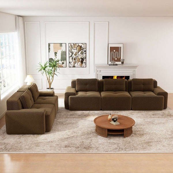 English Elm A Tufted Corduroy Modular Sectional Sofa with Deep Seating and Tailored Piping Trim Brown W714S01929