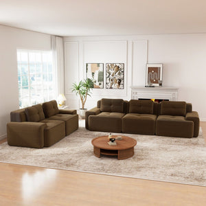 English Elm A Tufted Corduroy Modular Sectional Sofa with Deep Seating and Tailored Piping Trim Brown W714S01929