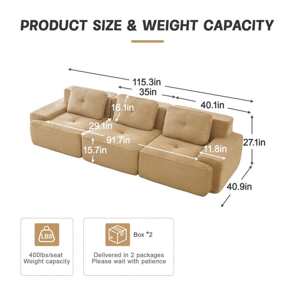 English Elm A Tufted Corduroy Modular Sectional Sofa with Deep Seating and Tailored Piping Trim Camel W714S01930