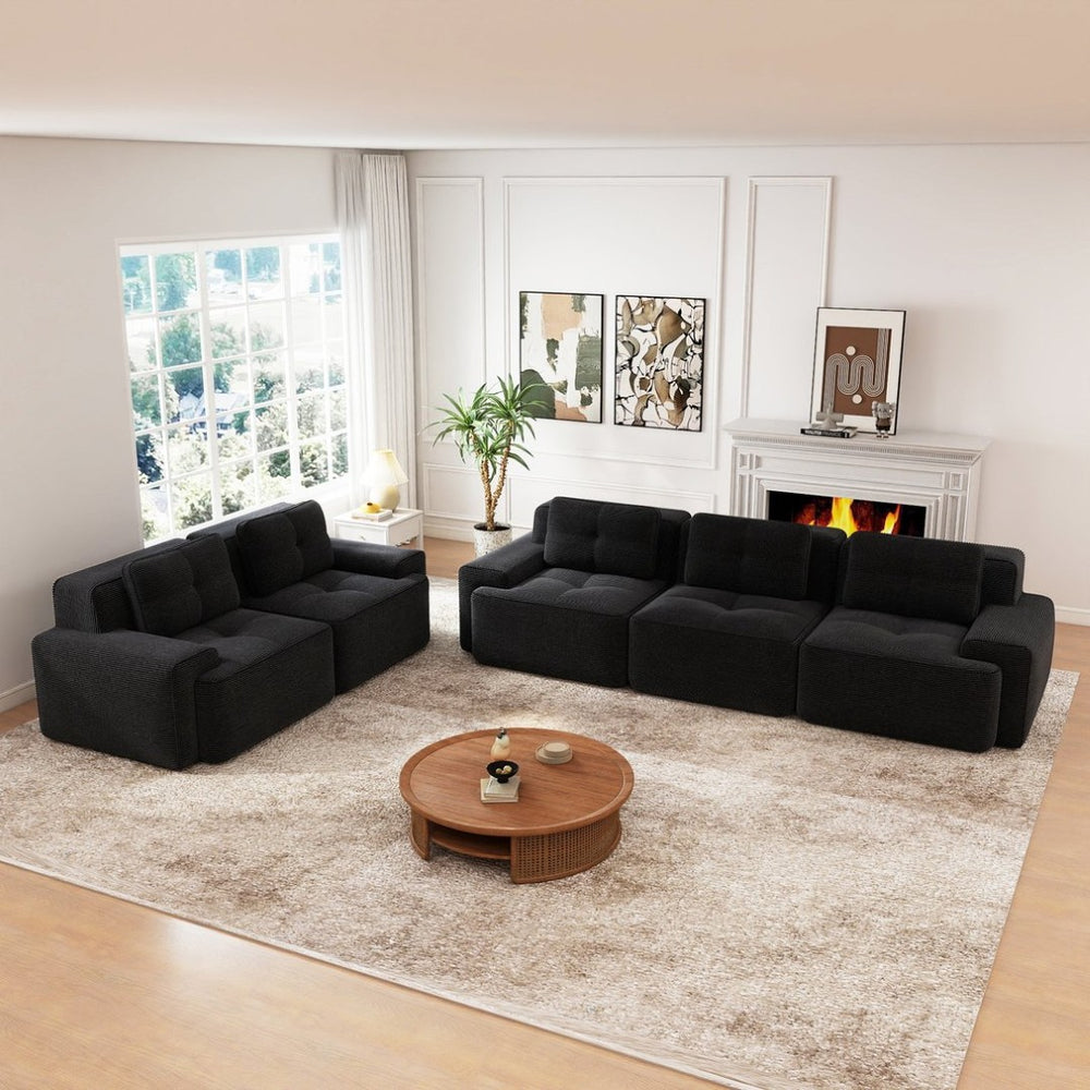 English Elm A Tufted Corduroy Modular Sectional Sofa with Deep Seating and Tailored Piping Trim Black W714S01931