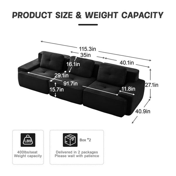 English Elm A Tufted Corduroy Modular Sectional Sofa with Deep Seating and Tailored Piping Trim Black W714S01931