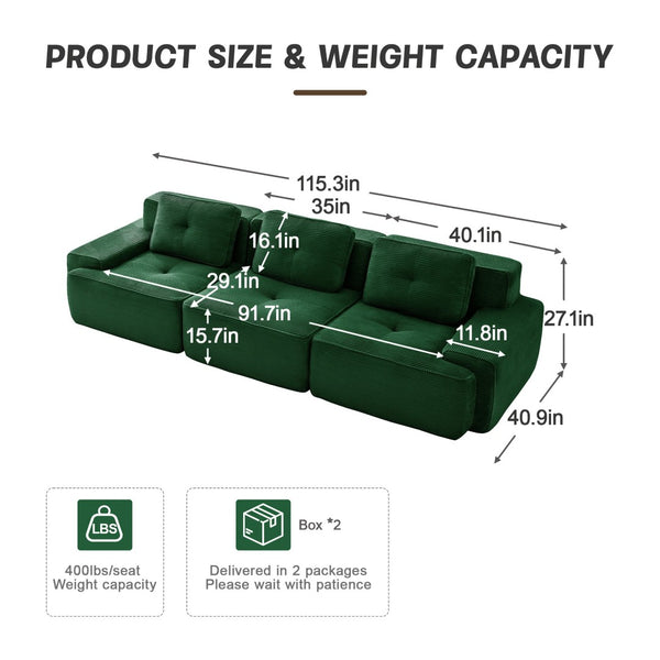 English Elm A Tufted Corduroy Modular Sectional Sofa with Deep Seating and Tailored Piping Trim Green W714S01932