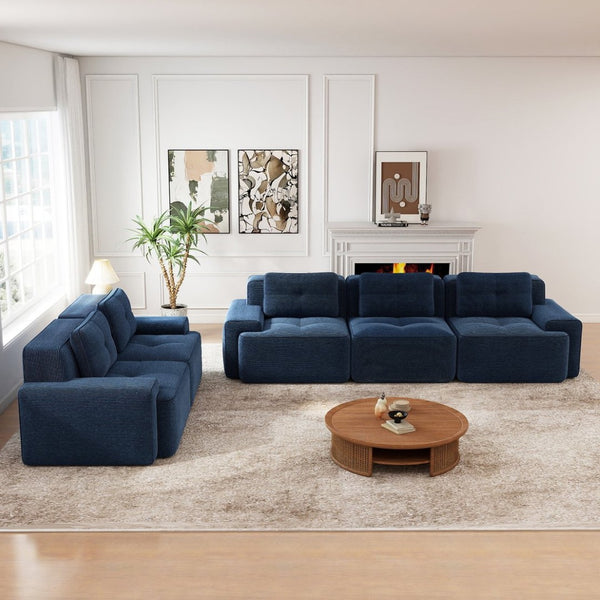 English Elm A Tufted Corduroy Modular Sectional Sofa with Deep Seating and Tailored Piping Trim Blue W714S01933
