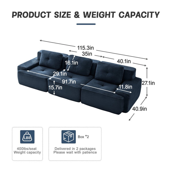 English Elm A Tufted Corduroy Modular Sectional Sofa with Deep Seating and Tailored Piping Trim Blue W714S01933