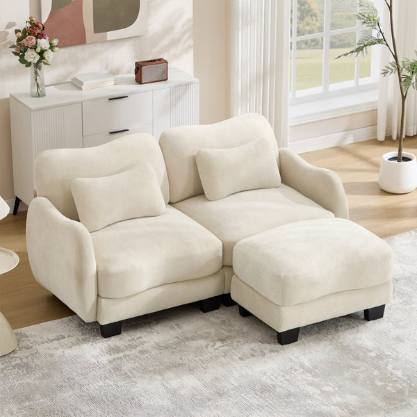 English Elm Chenille L Shaped Loveseat with Lumbar Pillow Movable Ottoman for Apartment Living Beige W714S01934