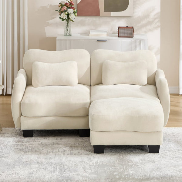 English Elm Chenille L Shaped Loveseat with Lumbar Pillow Movable Ottoman for Apartment Living Beige W714S01934