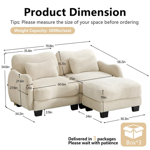English Elm Chenille L Shaped Loveseat with Lumbar Pillow Movable Ottoman for Apartment Living Beige W714S01934